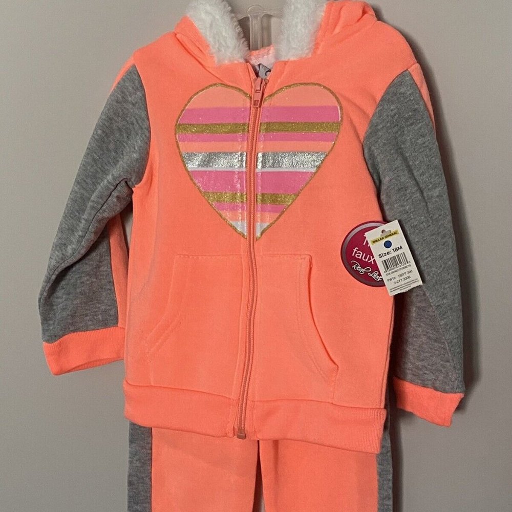 Real Love Girls Heart Sweat Sweat Track Faux Fur Jacket & Pants Coral 18M or 24M